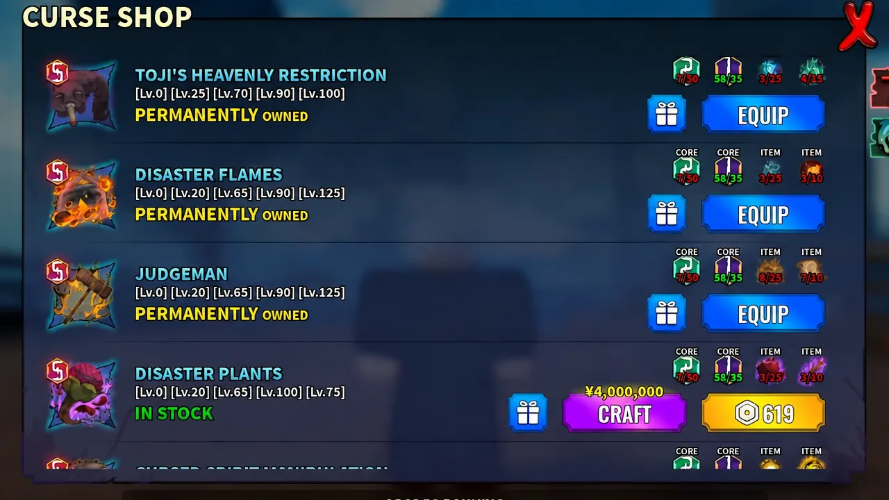 Curse Shop menu with Disaster Plants highlighted and its Craft button ready