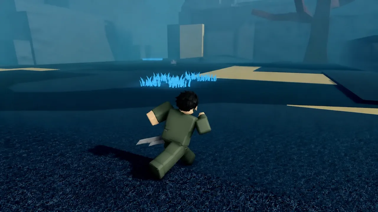 Player character sprinting through a dark blue area toward glowing grass and a lit doorway