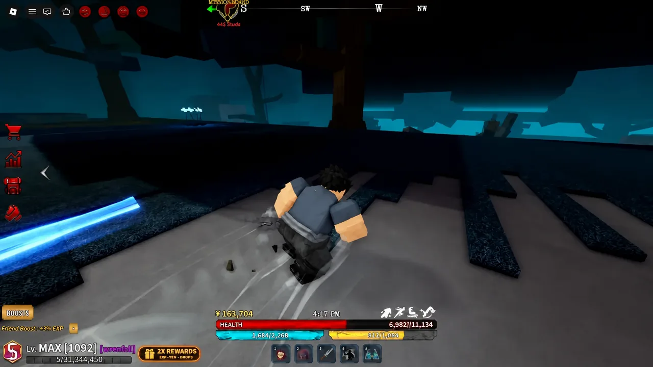 Gameplay view with the Mission Board indicator on screen while the character slides forward