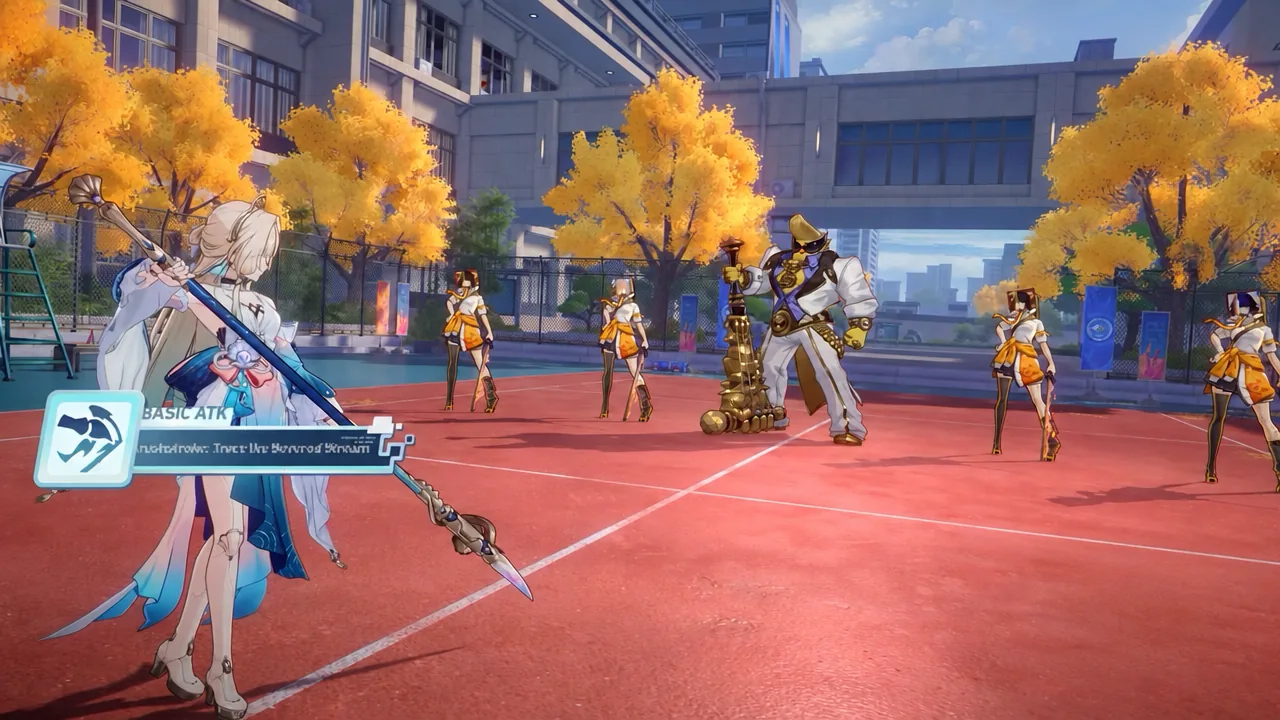 Combat tutorial prompt labelled BASIC ATTACK as the character strikes a nearby target