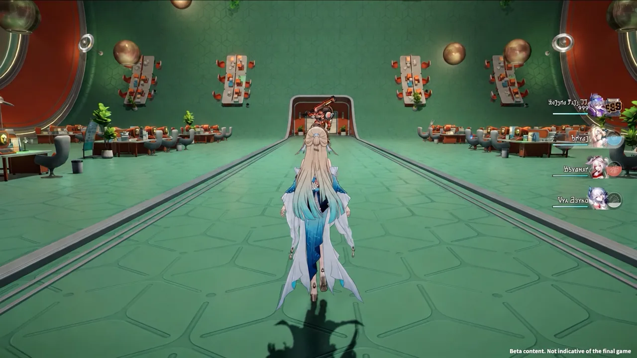 Overworld view of the active character running down a central corridor before a fight begins