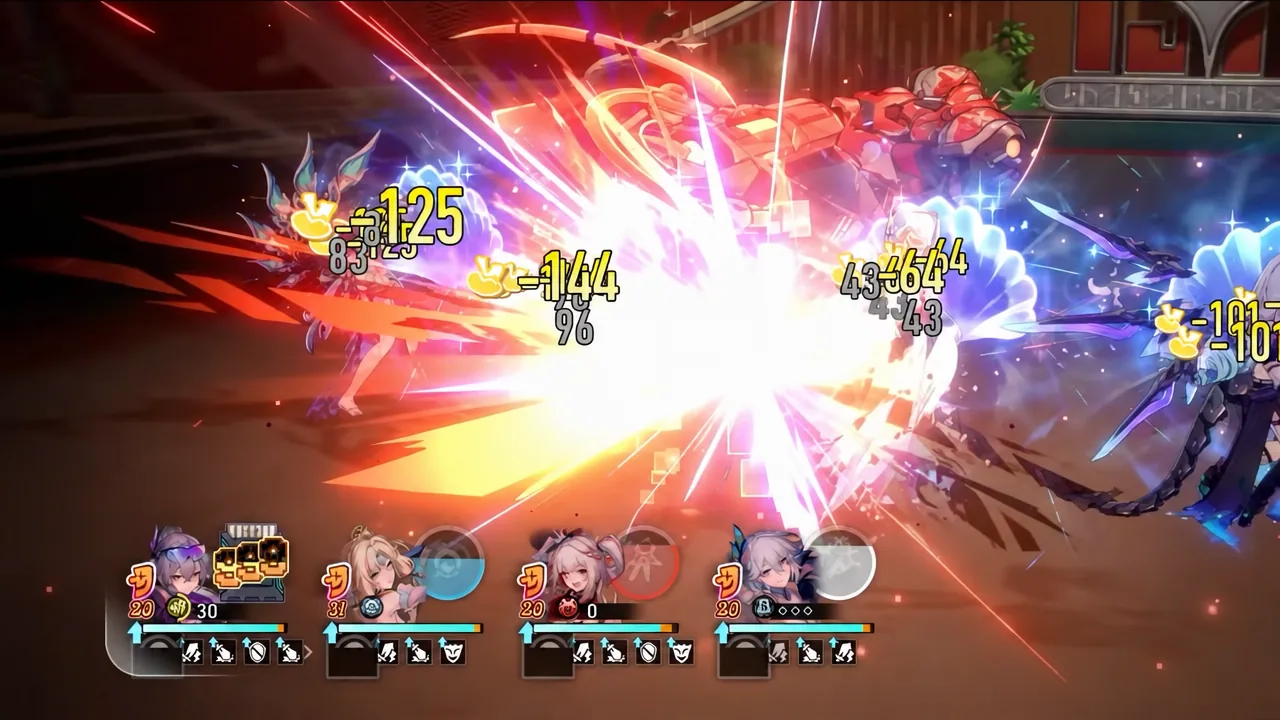 Battle screen with damage numbers landing across a row of enemies during a team attack