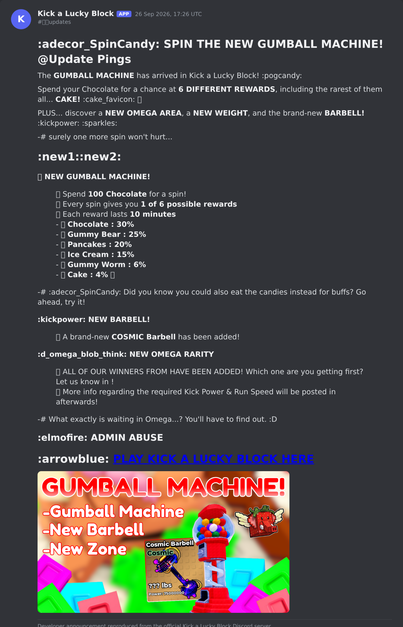 The Kick a Lucky Block update post in the game's Discord server