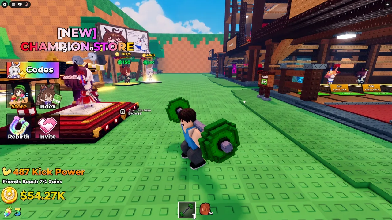 Player standing in front of the Champion Store with the E Browse prompt on screen