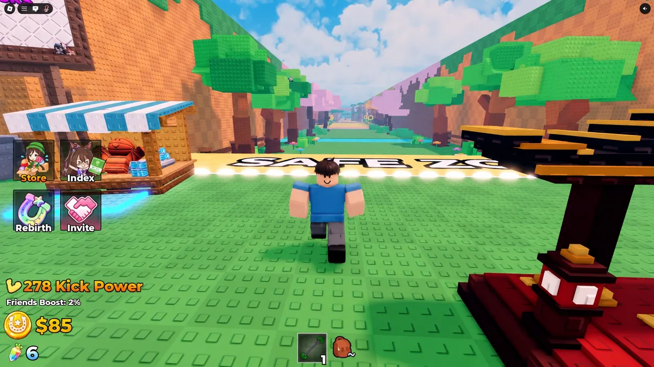 Player running back along the track toward base with the Store button and HUD controls on screen