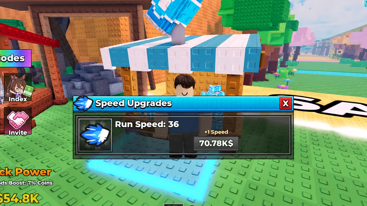 Speed Upgrades menu showing the Run Speed option priced at 70.78K dollars for plus one Speed