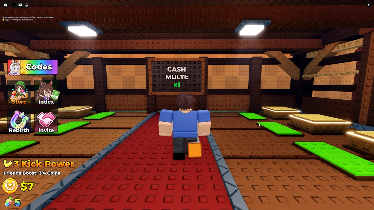 Player walking past the CASH MULTI x1 sign at base with the Codes button on the left of the HUD