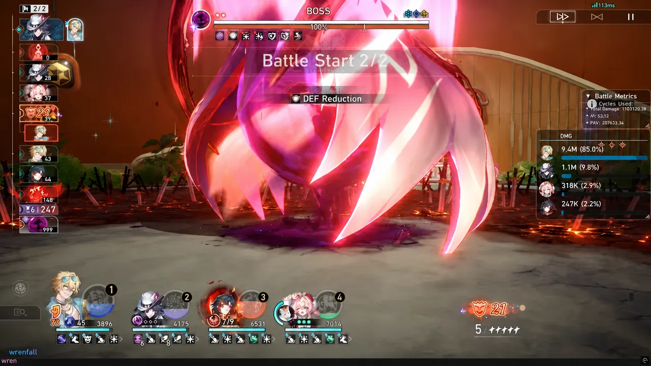 Second King in Check battle start with the boss showing an active DEF Reduction debuff