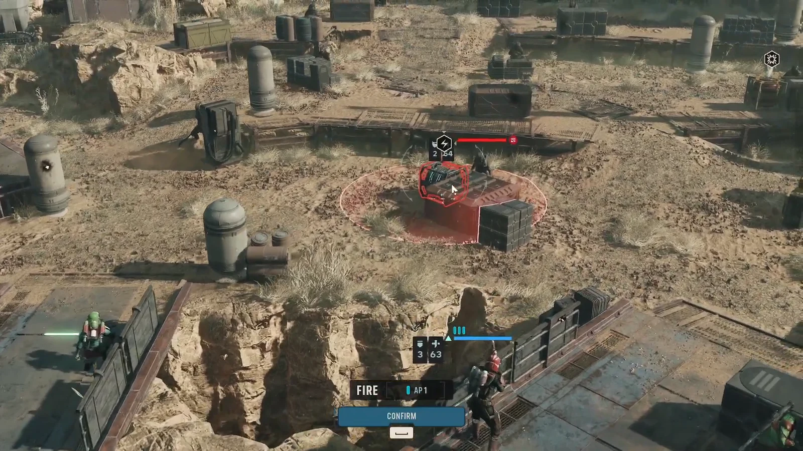 Combat view with a red enemy marker inside the attack zone and the FIRE action waiting on confirm