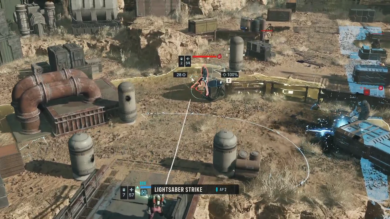 The LIGHTSABER STRIKE ability selected against an enemy showing a 100 percent hit chance