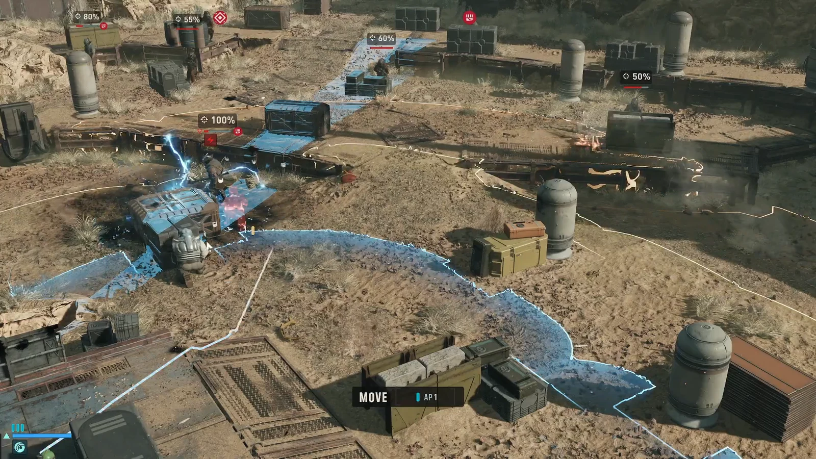 Blue movement path drawn across the battlefield with the MOVE command listed at 1 AP