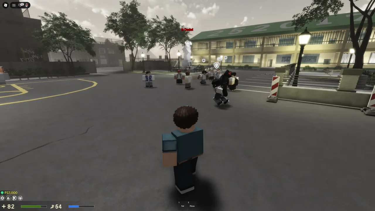 Player character approaching a group of characters in the Klase school courtyard