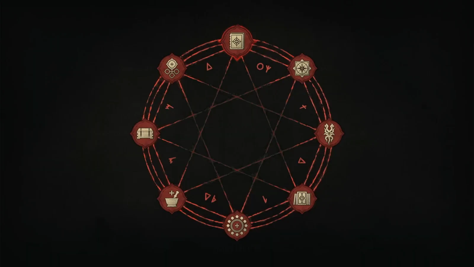 Circular occult interface with eight icon nodes joined by red connecting lines