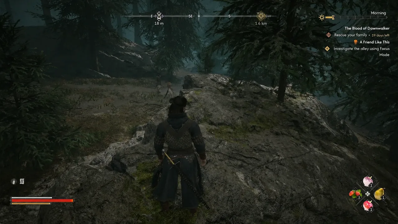 Player character running toward a compass marker showing 18 meters remaining in Vale Sangora