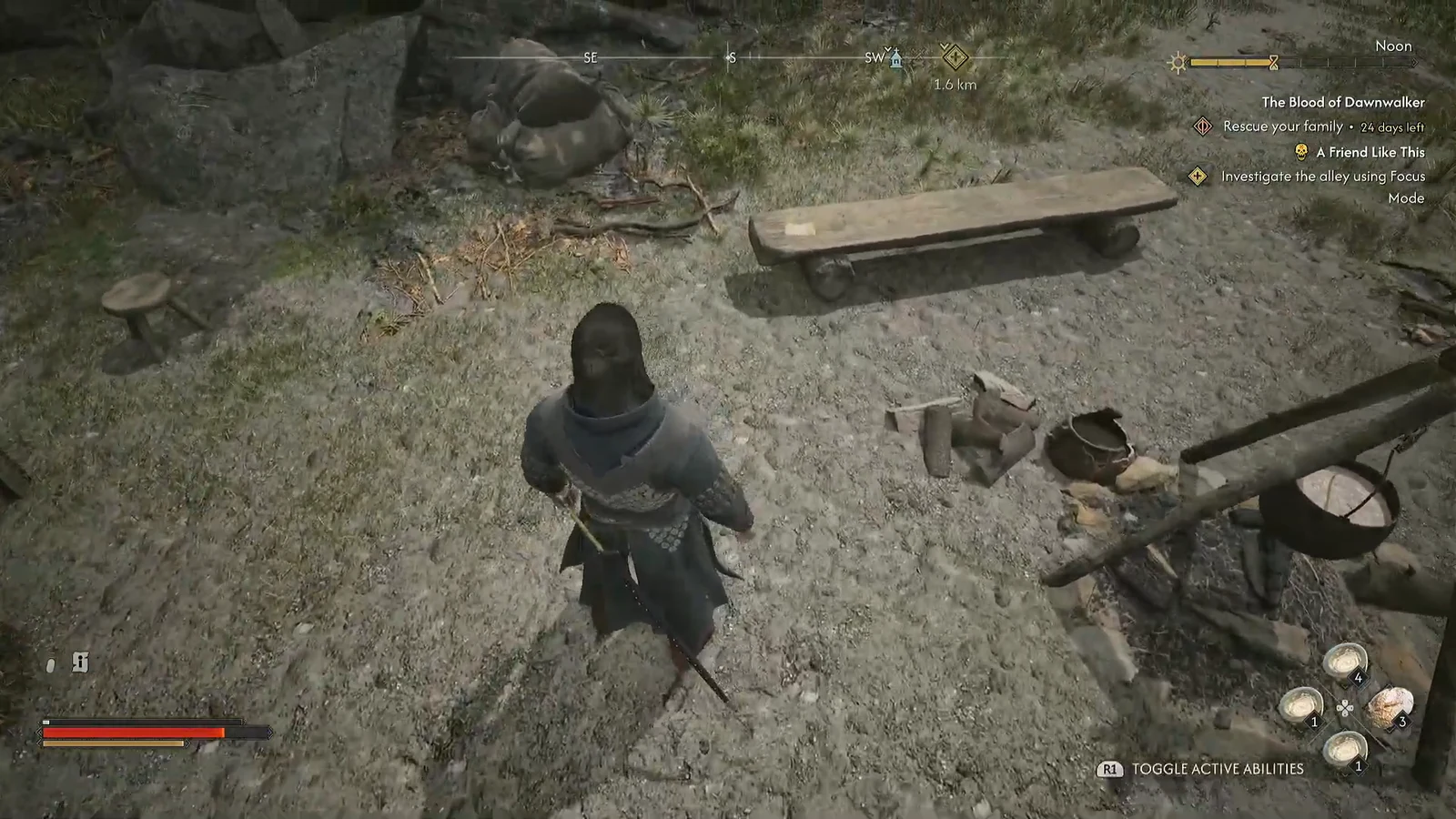 Coen searching a narrow, shadowed passage while the quest tracker stays on screen