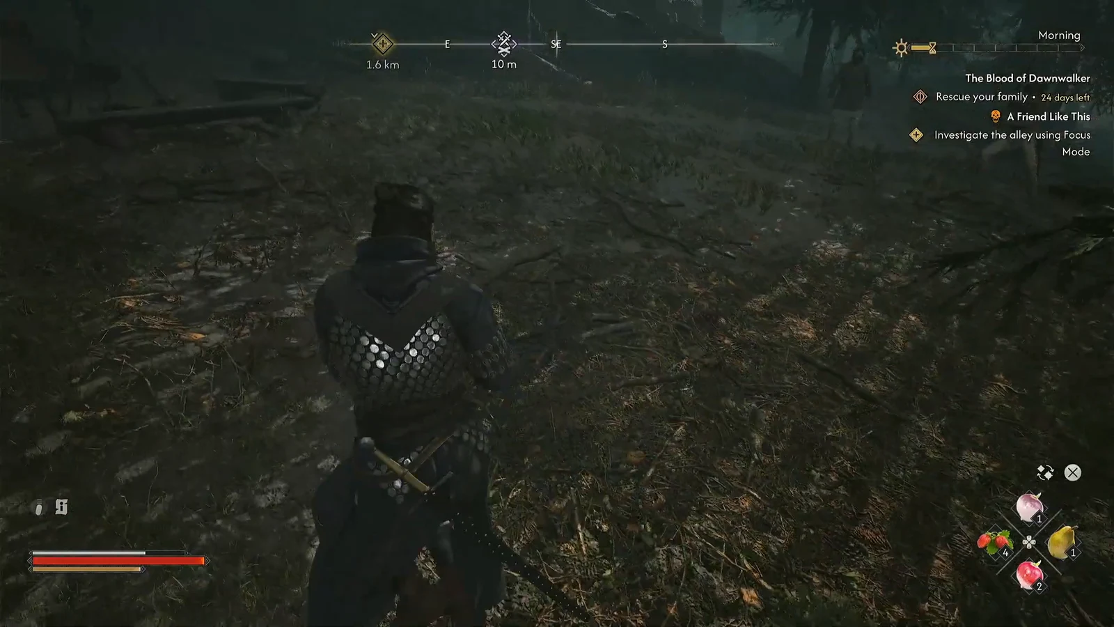 Dark forested area in Vale Sangora with an on-screen objective prompting the use of Focus Mode