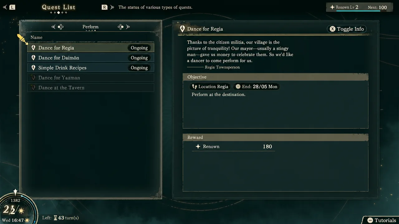 Quest List showing the Dance for Regia subquest selected with a 180 Renown reward