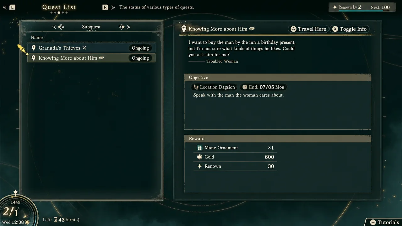 Quest List with the Knowing More about Him subquest highlighted and its objective shown