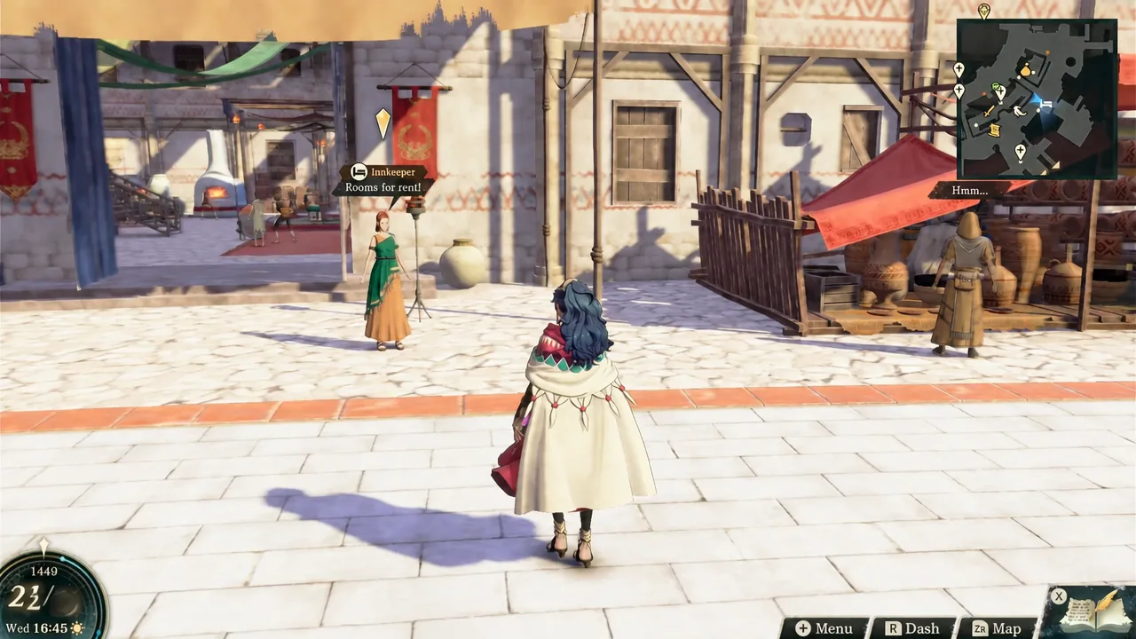 The City Inn district in Dagdion, with the Woman's Courter standing beneath a red canopy