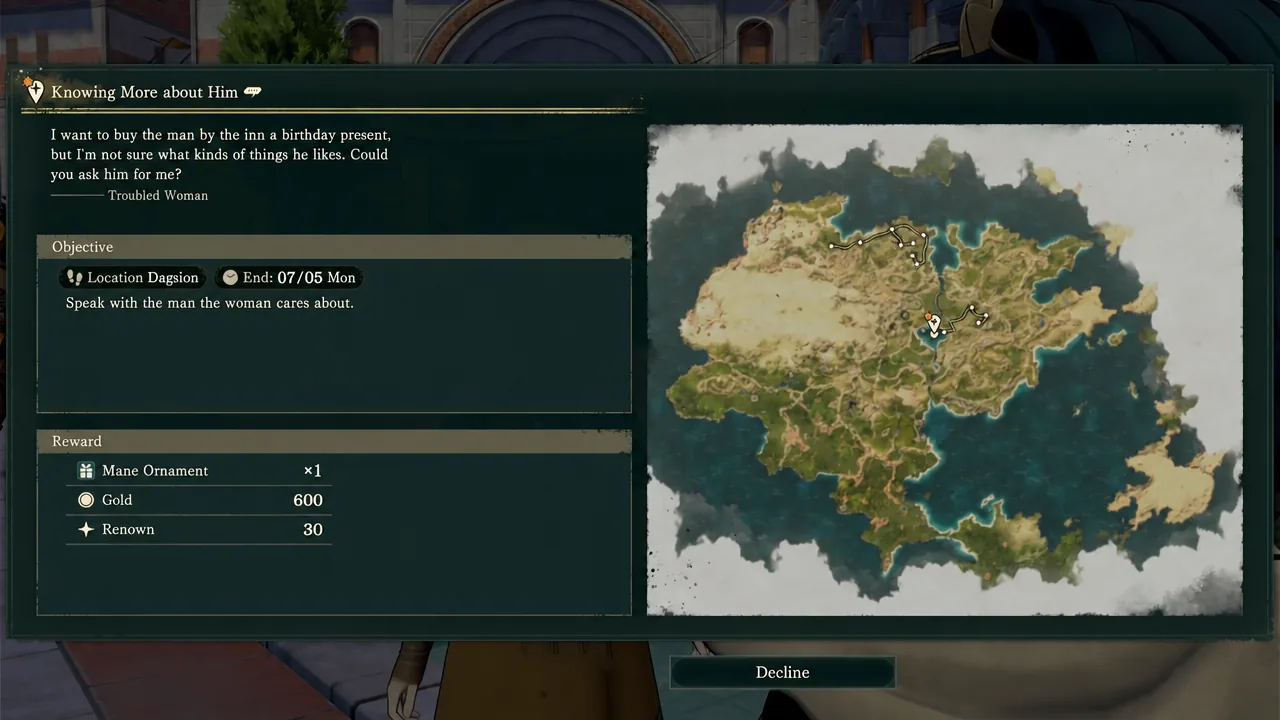 Knowing More about Him quest offer screen listing the objective, rewards, and a Decline button