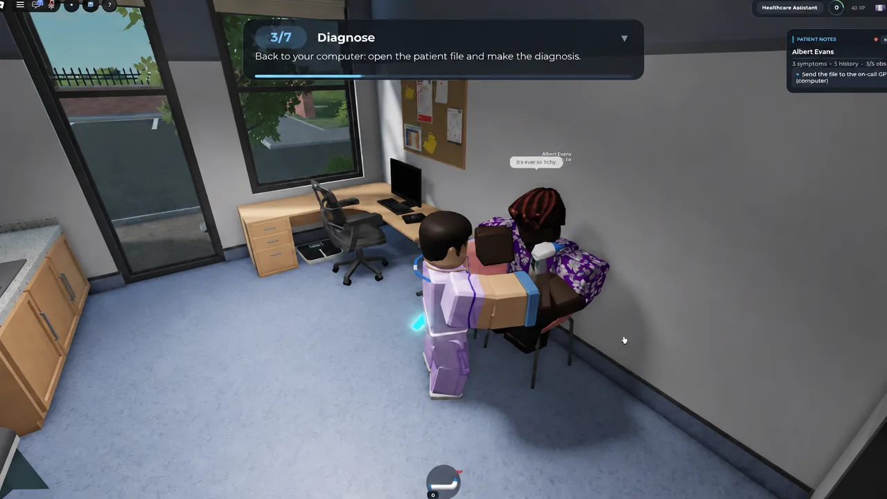 Diagnose screen showing the Patient Notes panel for Albert Evans on the workstation computer