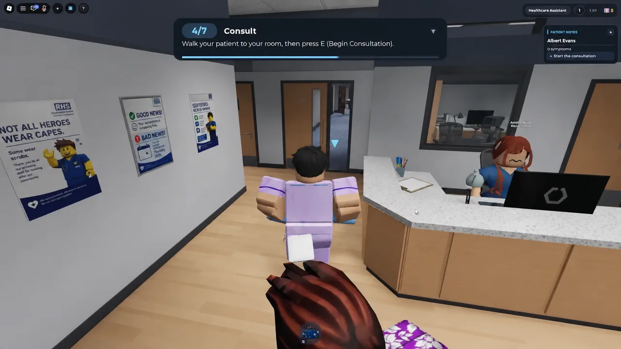Player escorting patient Albert Evans from the clinic waiting area into a claimed examination room
