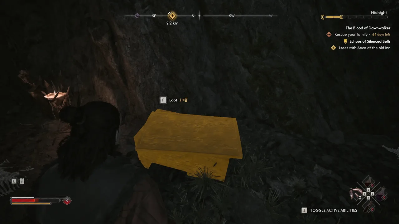 Highlighted chest inside the den with the F Loot prompt on screen