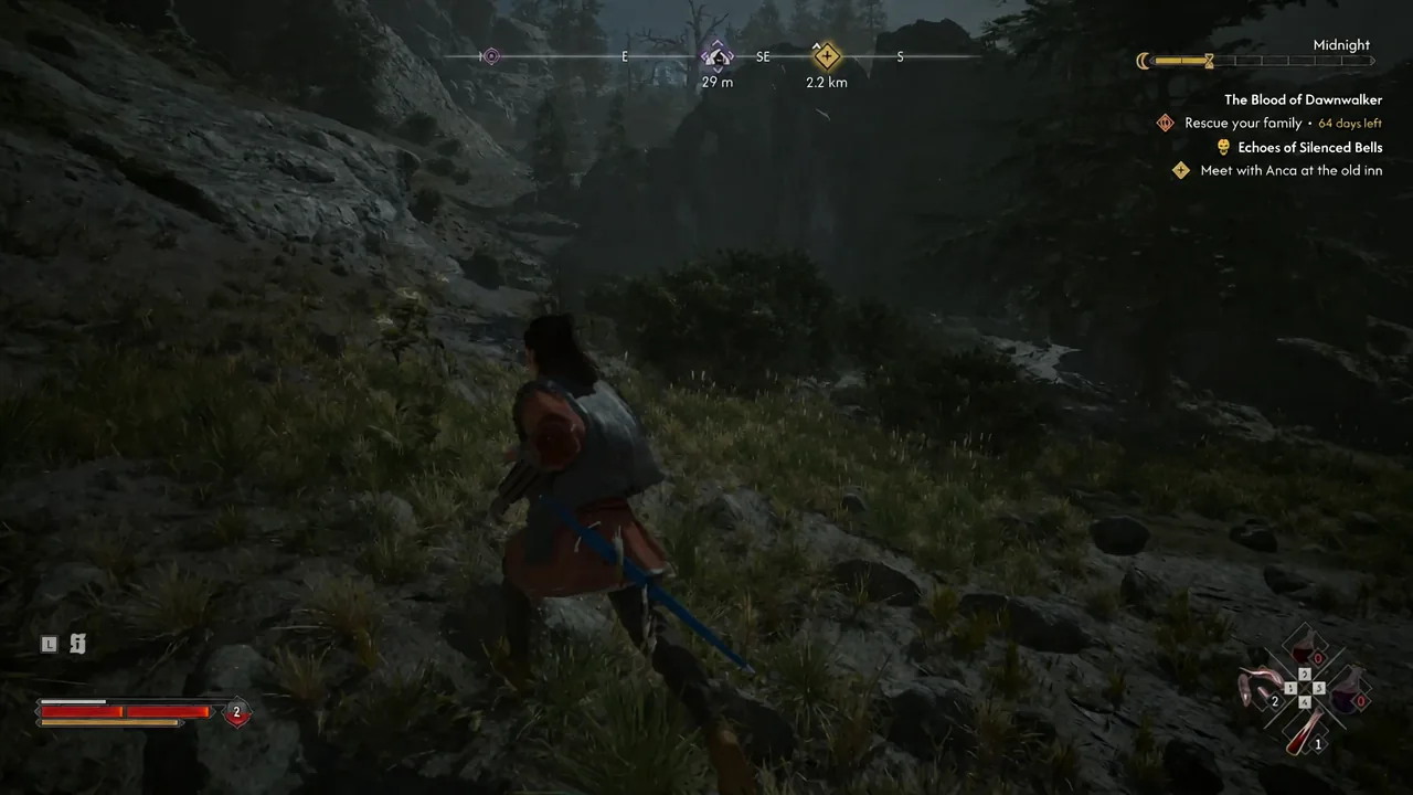 Quest tracker showing the objective to meet with Anca at the old inn during a night-time forest run