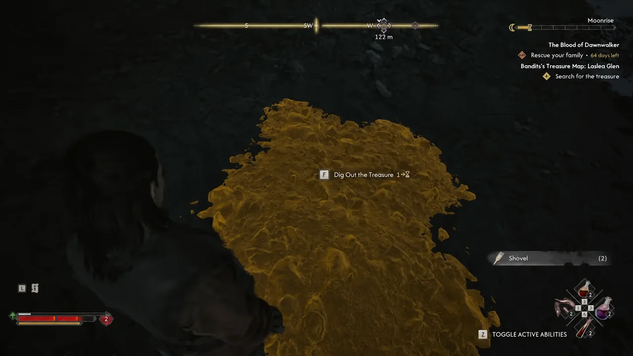 Dig Out the Treasure prompt highlighted over the mound of loose earth in the cave