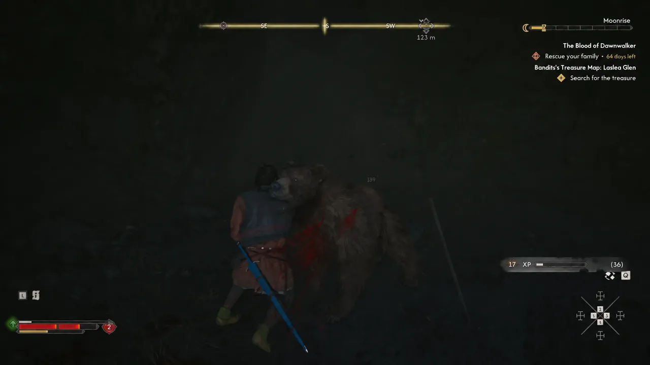 Player striking the bear while the Search for the treasure objective is highlighted in the HUD