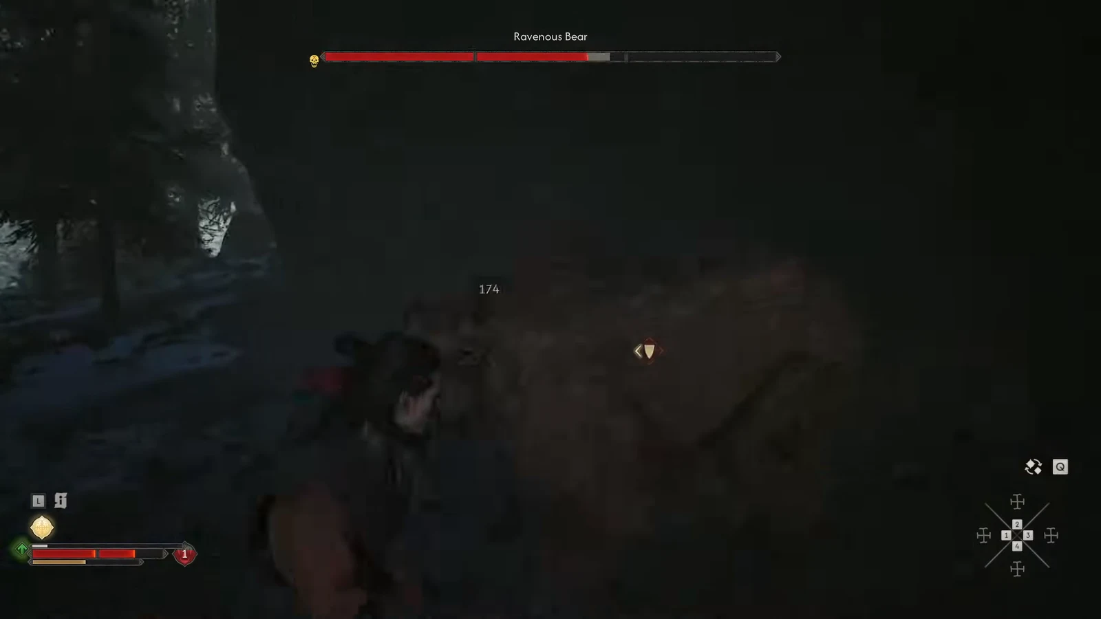 Ravenous Bear health bar on screen as a 174 damage number pops during the fight