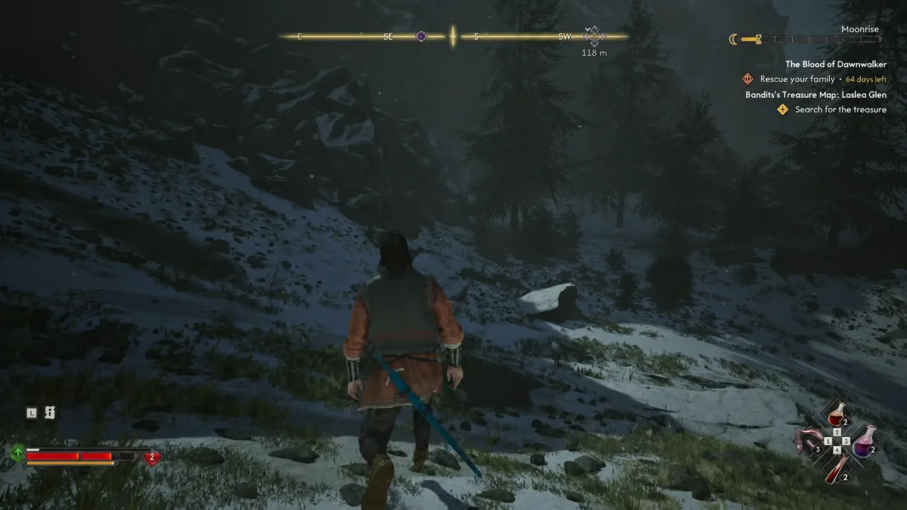 Quest tracker showing the search objective while approaching the ravine at moonrise