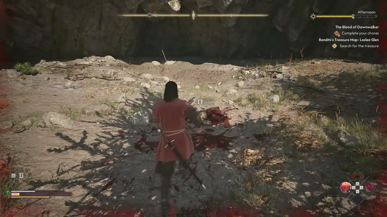 Gameplay view with a press E to loot prompt and the Search for the treasure objective on the tracker
