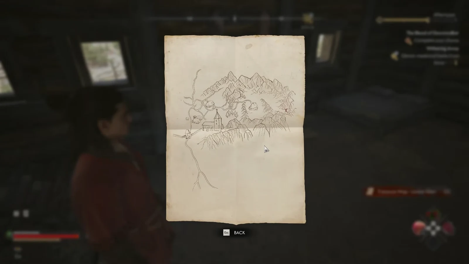 Hand-drawn parchment treasure map with a red X marked on it, open in the map viewer