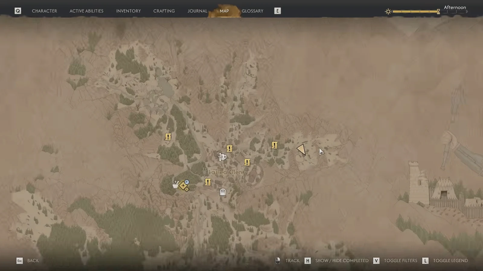 World map of Laslea Glen open with several quest markers dotted across the region