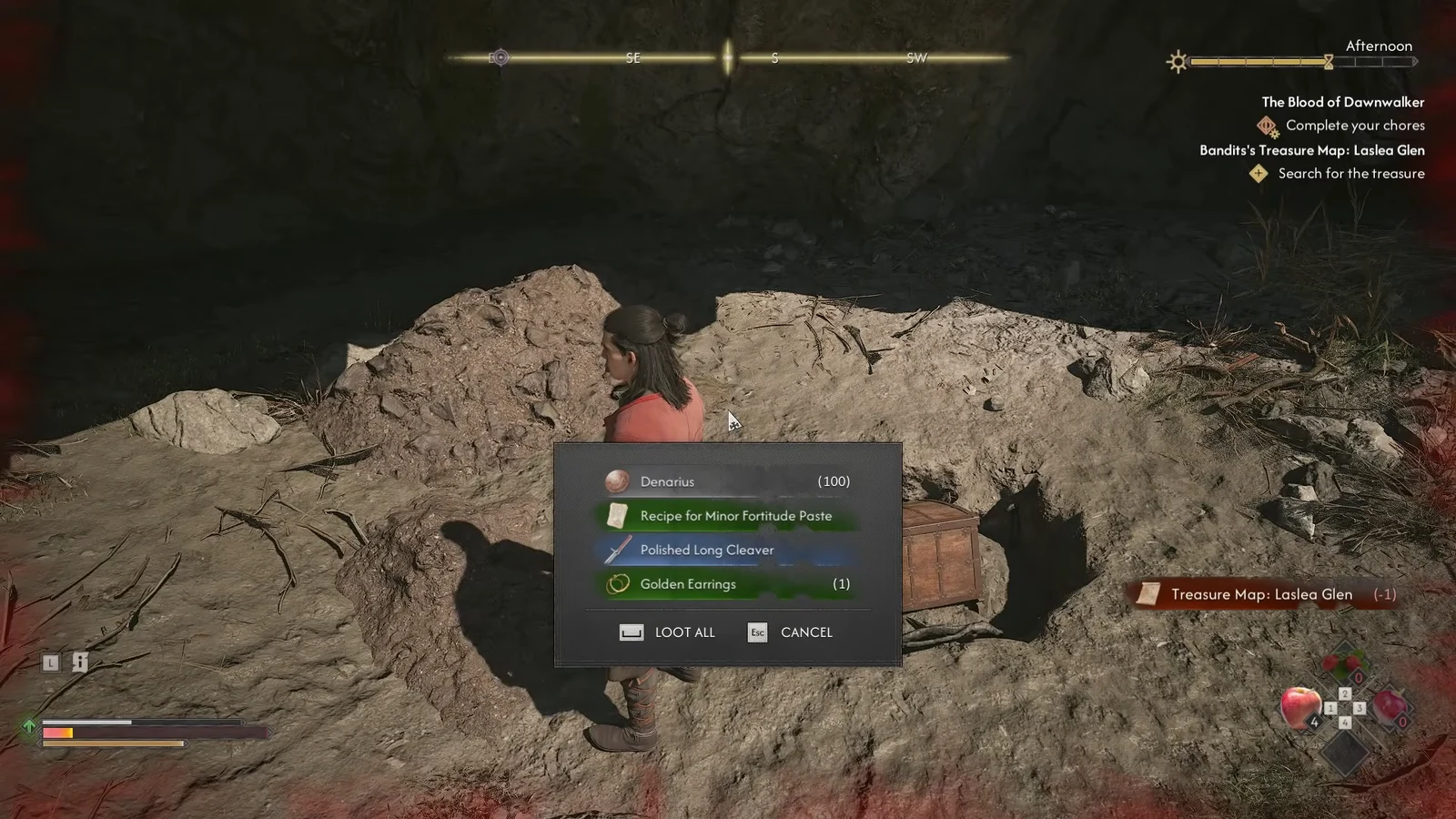 Loot window listing Denarius, a recipe, the Polished Long Cleaver and gold jewellery with a Loot All option