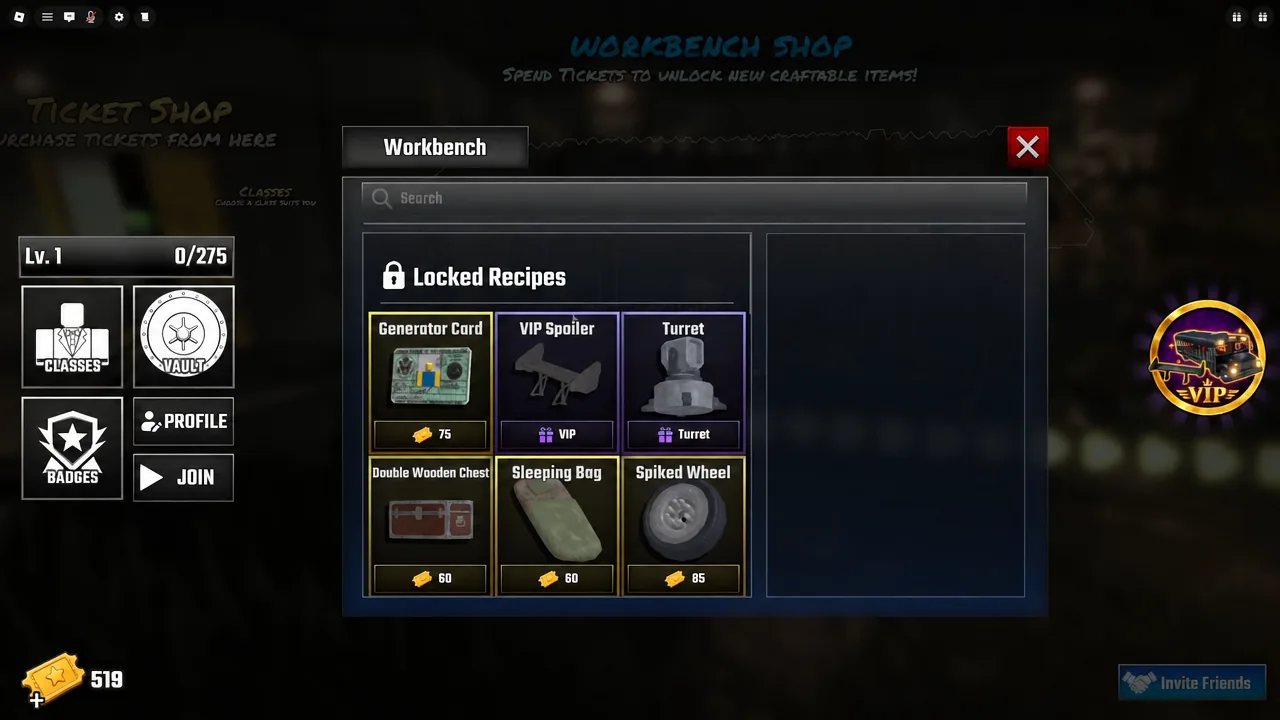 Workbench Shop screen with locked recipes listed and the Generator Card selected