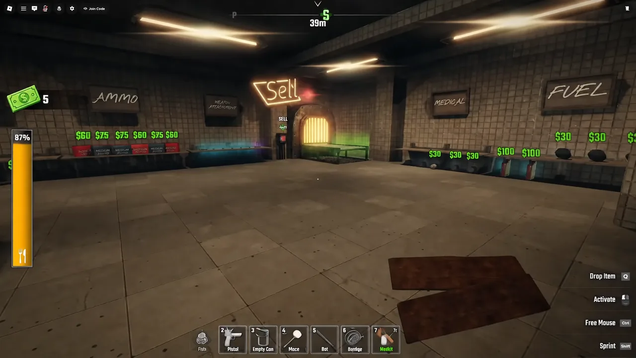 Terminal sell station showing shop stock and prices with a Medkit in the hotbar