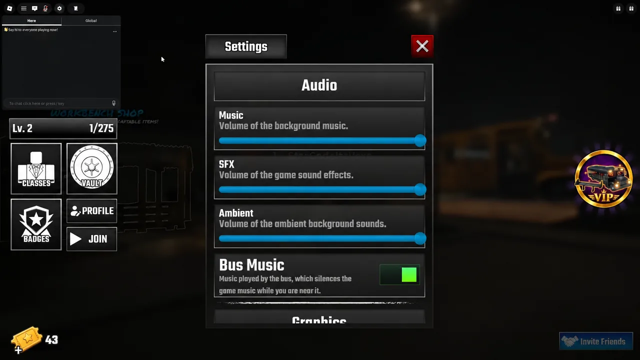 Last Stop Settings screen showing the Audio panel with the Bus Music toggle switched on