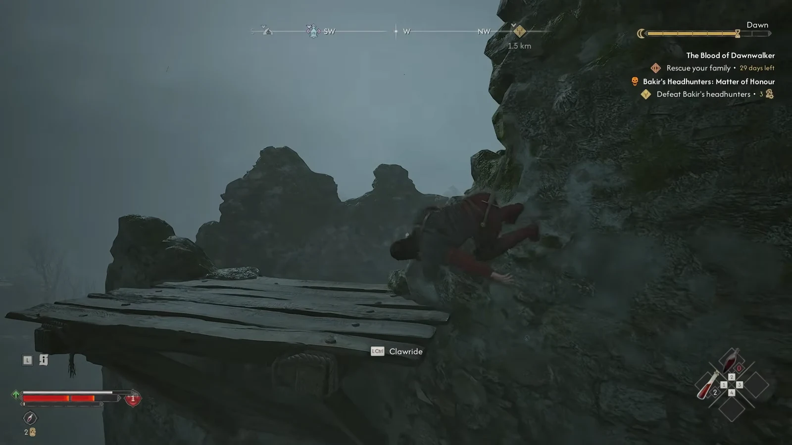 On-screen Clawride prompt telling the player to hold Left Ctrl while gripping a rocky cliff