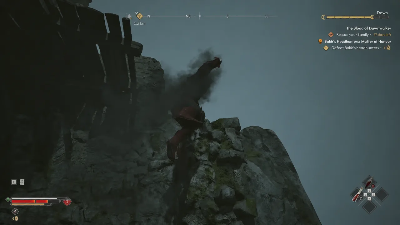 Coen scaling a rocky cliff face with the Rescue your family objective visible in the tracker