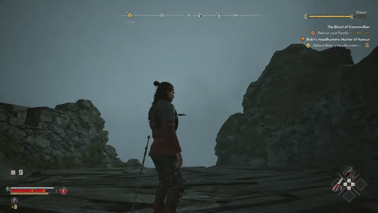 Quest tracker and compass on screen as Coen reaches the upper platform of the tower