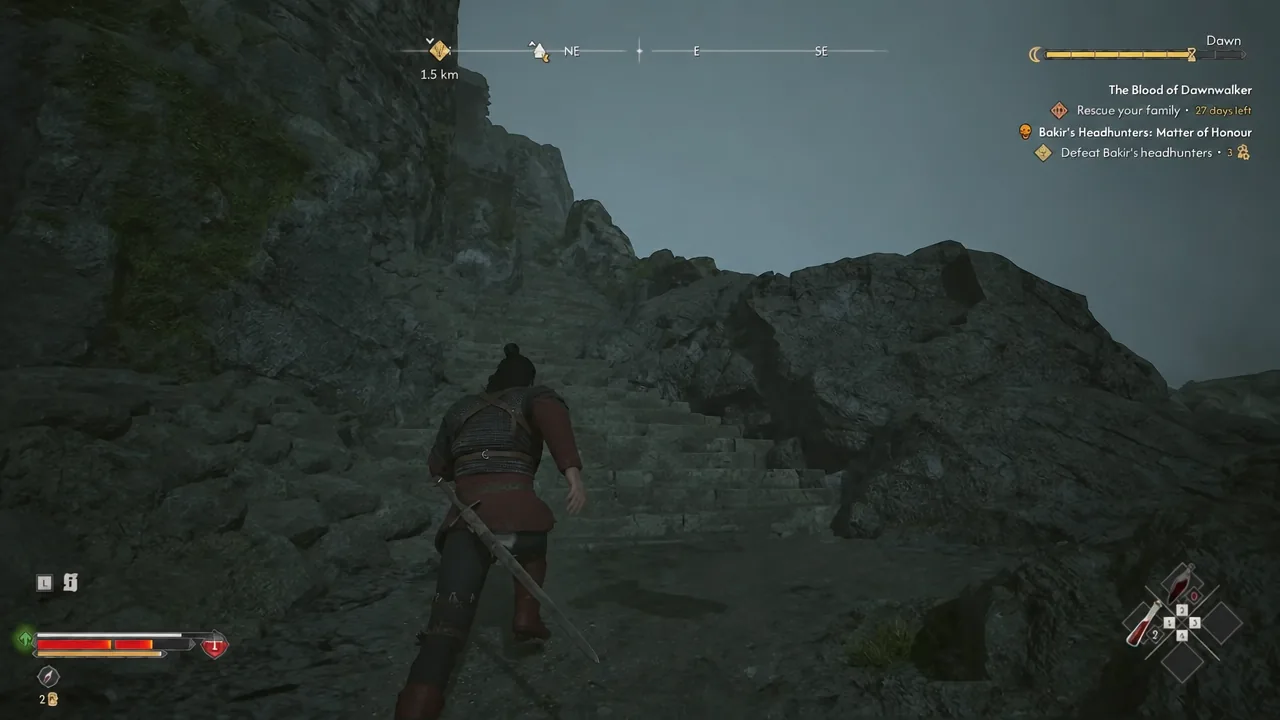 Coen runs uphill toward a distant objective marker showing 1.5 km on the quest tracker
