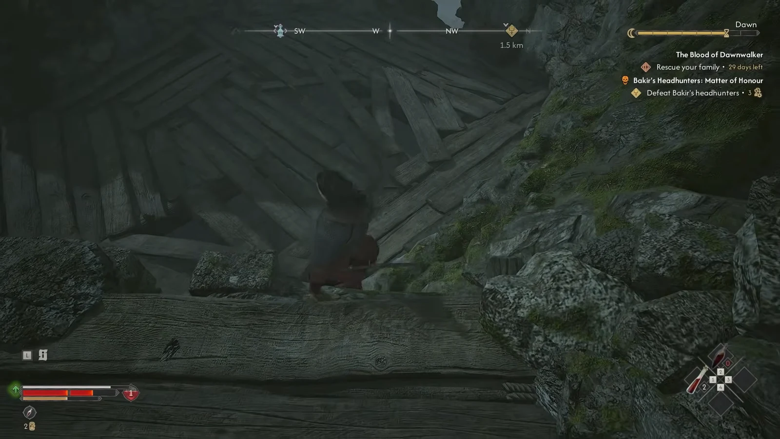 Coen walks along a narrow wooden walkway pinned to rock as the objective marker counts down