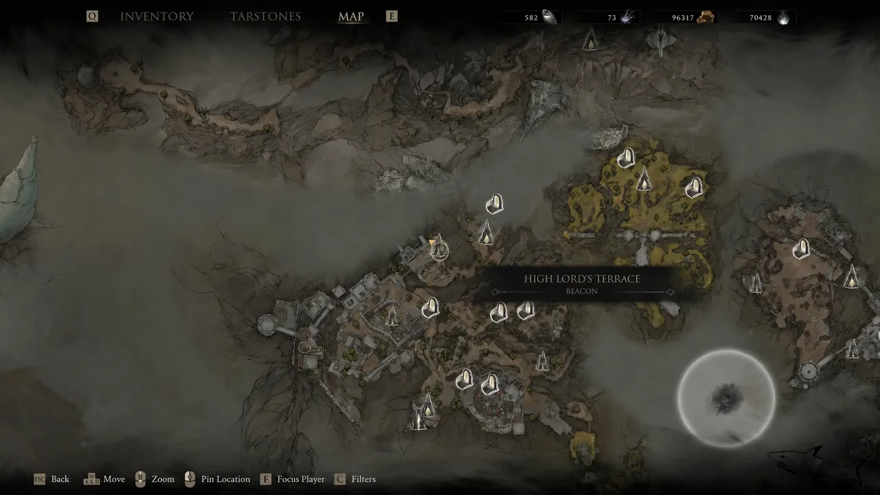 Map screen with the High Lord's Terrace beacon highlighted for fast travel