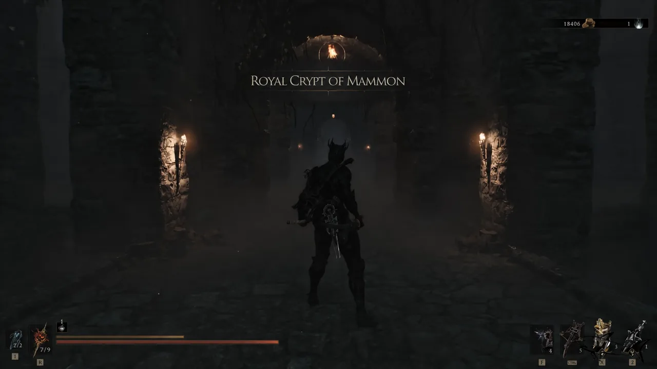 The Royal Crypt of Mammon area title appearing as the player enters a torch-lit crypt