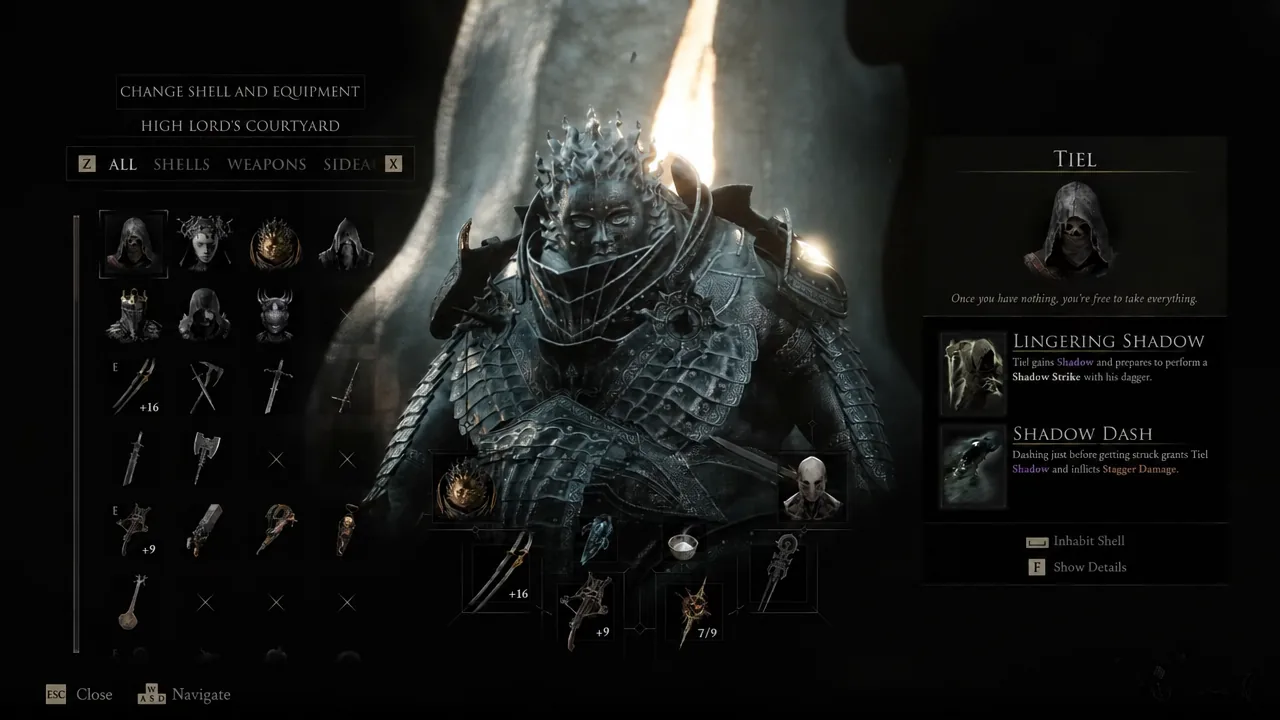 Change Shell and Equipment menu with a Shell selected under All Shells, showing its equipment and abilities