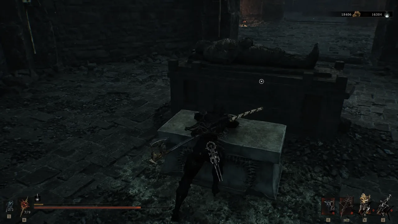 Interaction prompt appearing on a stone sarcophagus as the player approaches it in the crypt