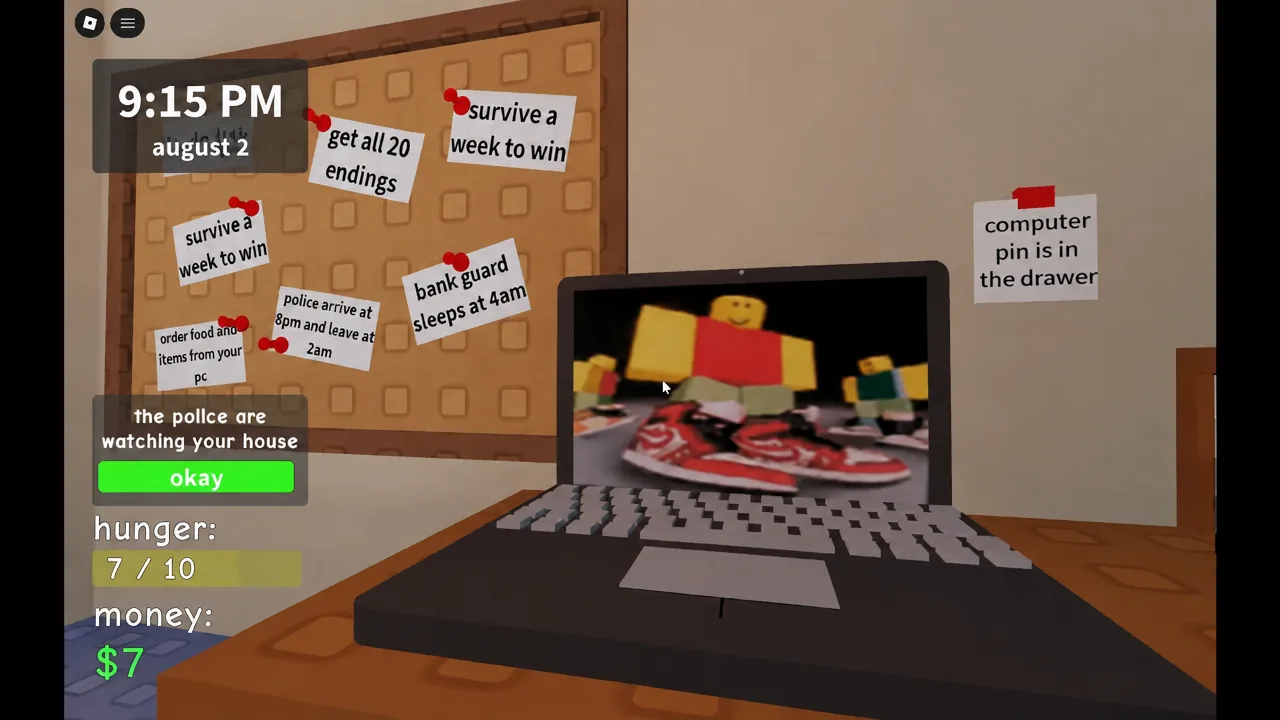 Room screen showing the police-watching alert that precedes the arrested ending