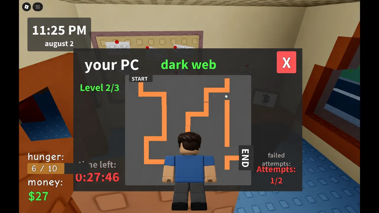 Dark web maze puzzle on the PC showing level 2 of 3 with a path from START to END